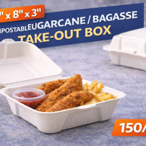 8″ x 8″ x 3″ Compostable Sugarcane / Bagasse Take-Out Box – 150/Case