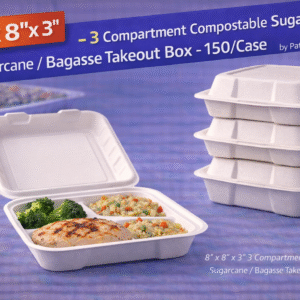 8" x 8" x 3" 3 Compartment Compostable Sugarcane / Bagasse Takeout Box - 150/Case by Patel Sales Online