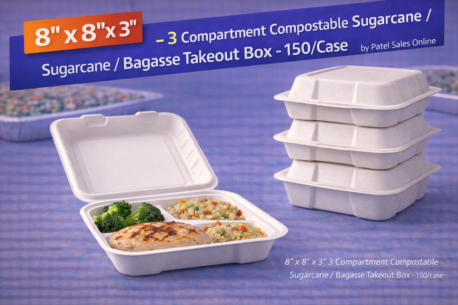 8" x 8" x 3" 3 Compartment Compostable Sugarcane / Bagasse Takeout Box - 150/Case by Patel Sales Online