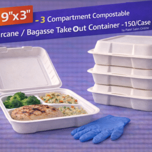 9" x 9" x 3" 3 Compartment Compostable Sugarcane / Bagasse Takeout Container - 150/Case by Patel Sales