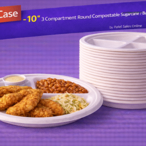 10" 3 Compartment Round Compostable Sugarcane / Bagasse Plates - 500/Case by Patel Sales