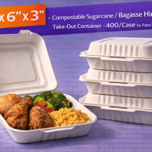 6" x 6" x 3" Compostable Sugarcane / Bagasse Hinged Take-Out Container - 400/Case by Patel Sales 