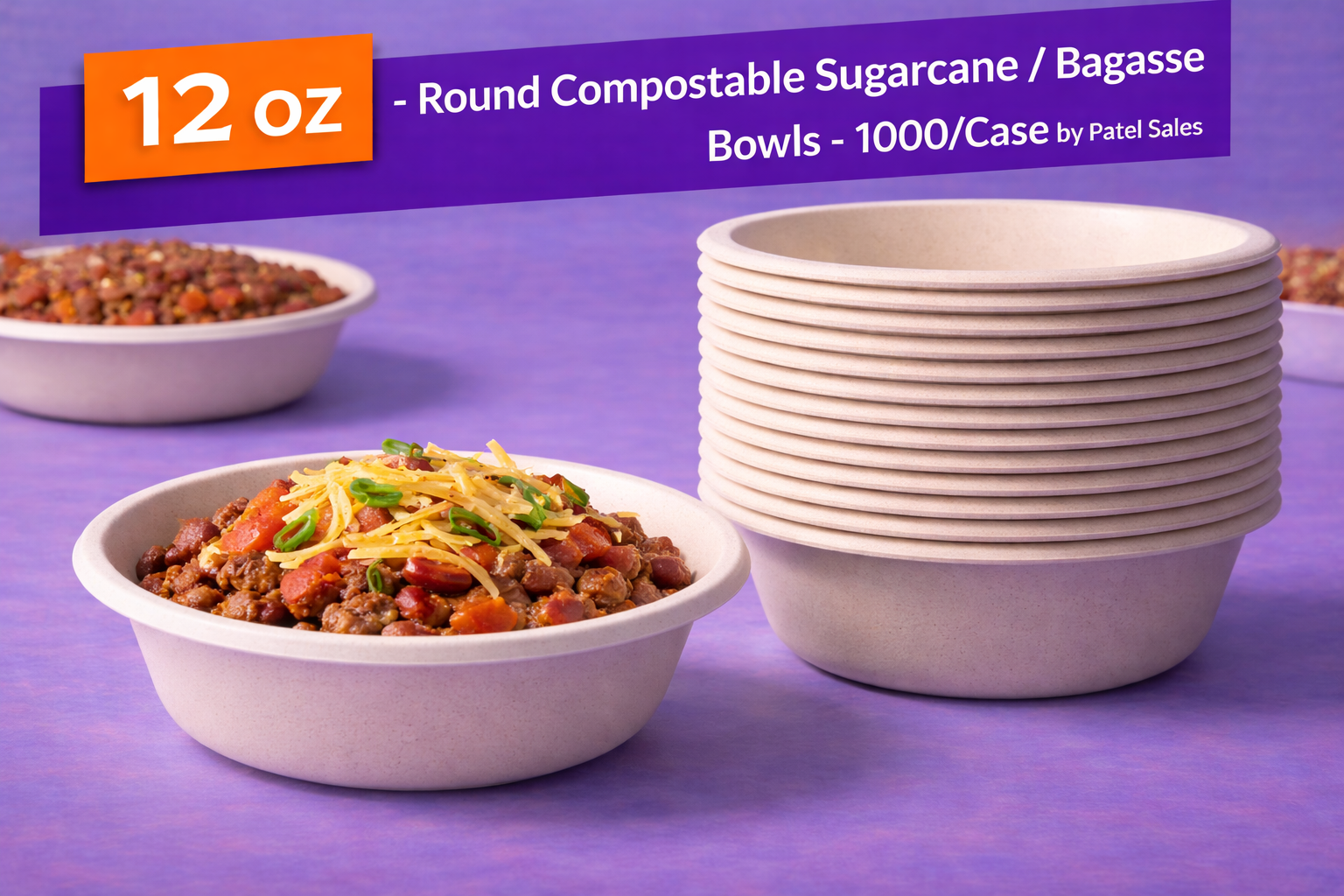 12 oz Round Compostable Sugarcane / Bagasse Bowls – 1000/Case by Patel Sales