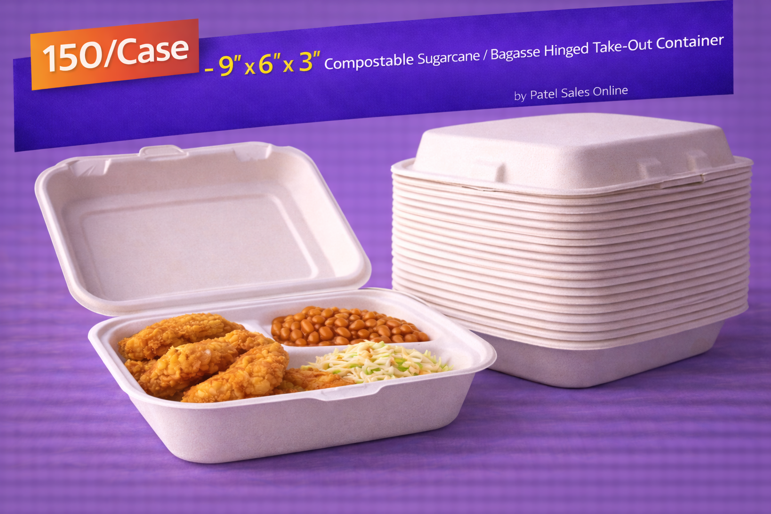 9″ x 6″ x 3″ Compostable Sugarcane / Bagasse Hinged Take-Out Container – 150/Case by Patel Sales