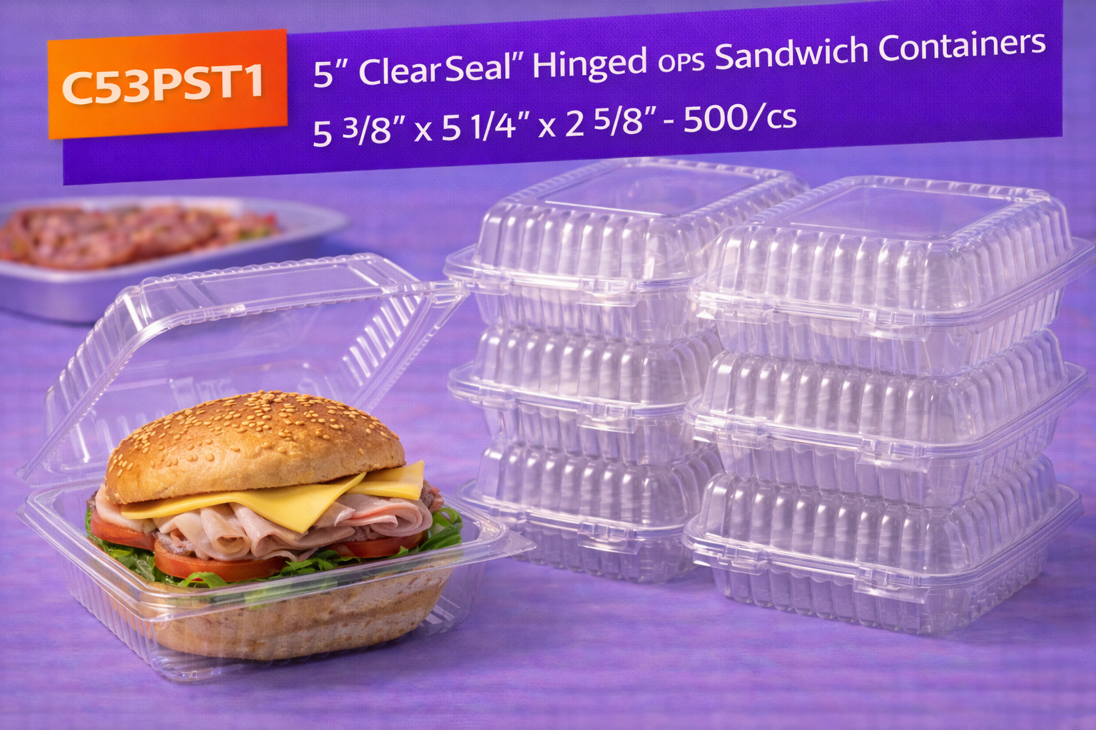C53PST1 5" ClearSeal Hinged OPS Sandwich Containers 5 3/8" x 5 1/4" x 2 5/8"- 500/cs by Patel Sales