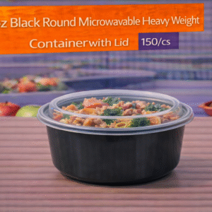 32 oz Black Round Microwavable Heavy Weight Container with Lid - 150/cs by Patel Sales 