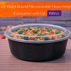 48 oz Black Round Microwavable Heavy Weight Container with Lid - 150/cs by Patel Sales 