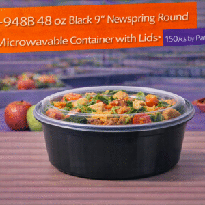 NC-948B 48 oz Black 9" Newspring Round Microwavable Container with Lids - 150/cs by Patel Sales 