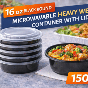 16 oz Black Round Microwavable Heavy Weight Container with Lid - 150/cs