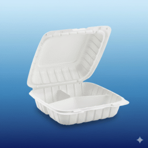 8" x 8" x 3" 3-Compartment Microwaveable White Mineral-Filled Plastic Hinged Take-Out Container - 150/Case